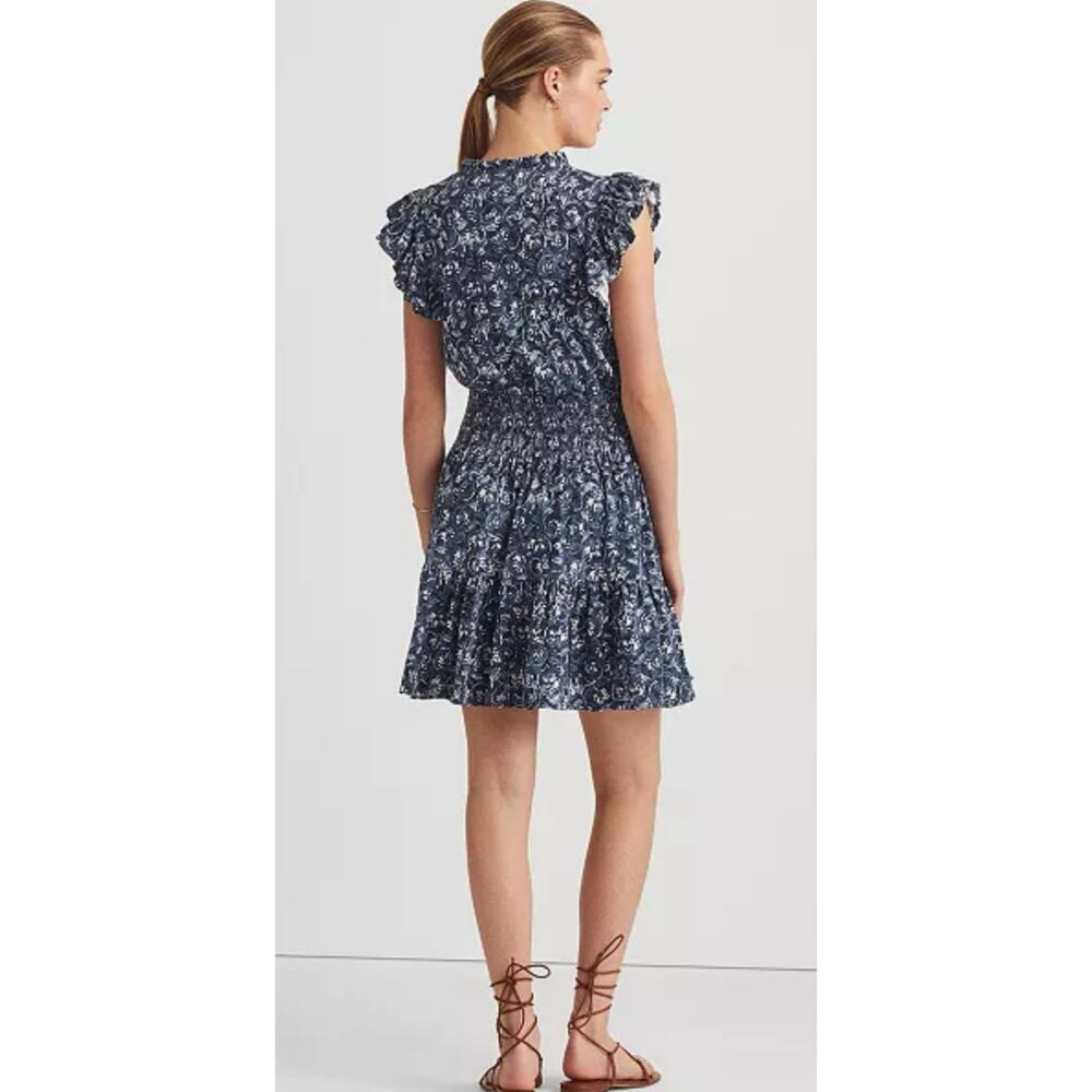 Lauren Ralph Lauren Tiered Floral Linen Blend Dress Smocked Beach Coastal Sz 12 - Picture 10 of 14